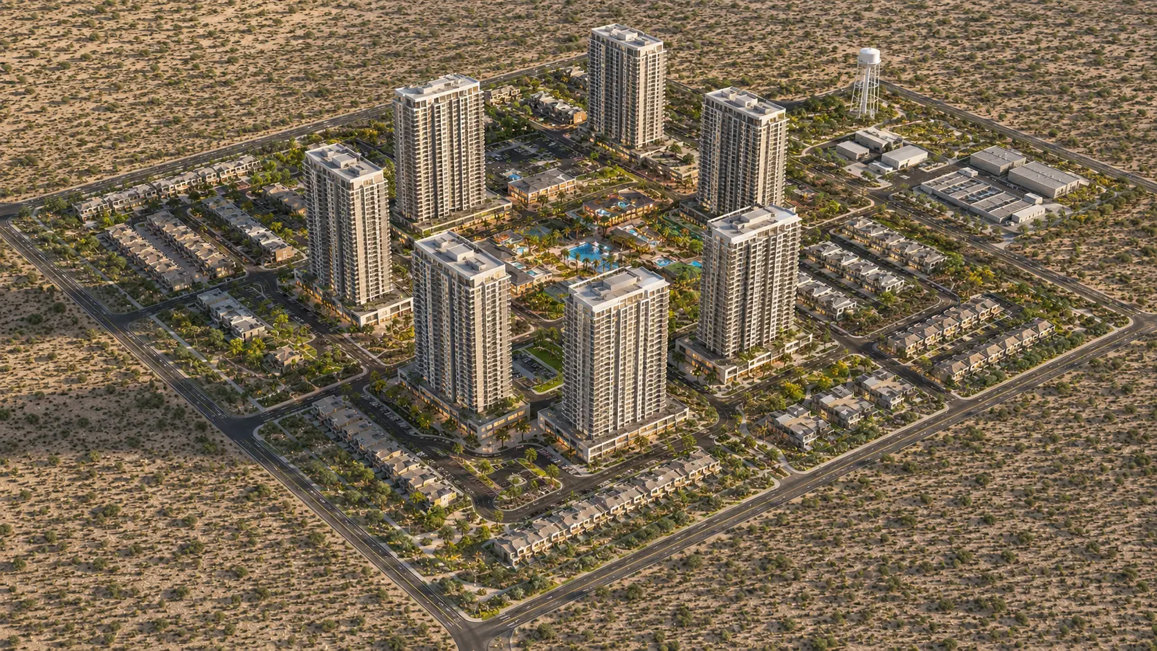 Conceptual aerial rendering of Red Rock Village, the 40 AAM Development master-planned community in the Arizona desert