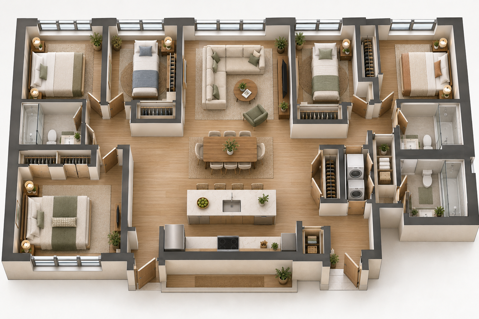 Furnished 5-bedroom conceptual apartment layout with stacked washer and dryer