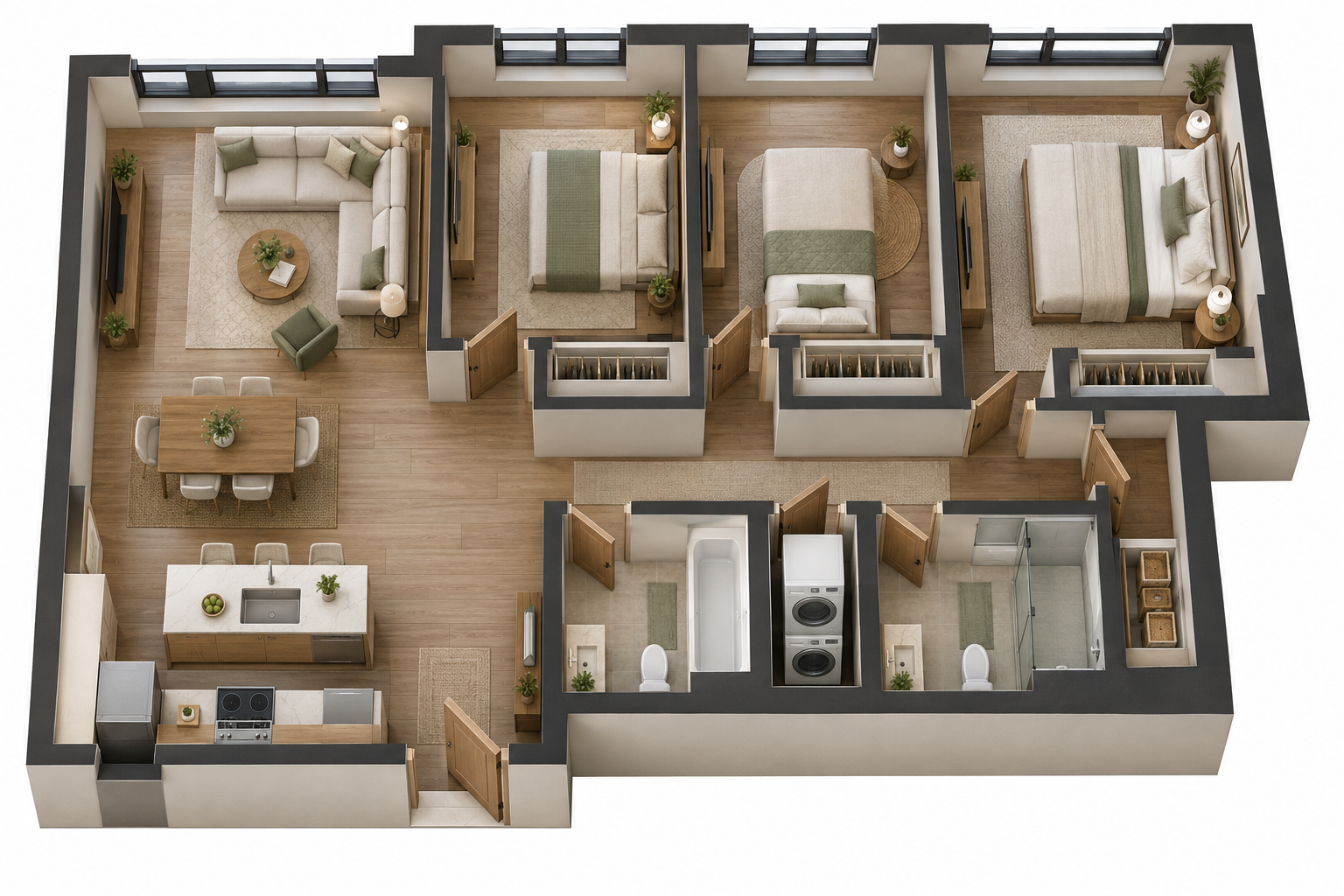 Furnished 3-bedroom conceptual apartment layout with stacked washer and dryer