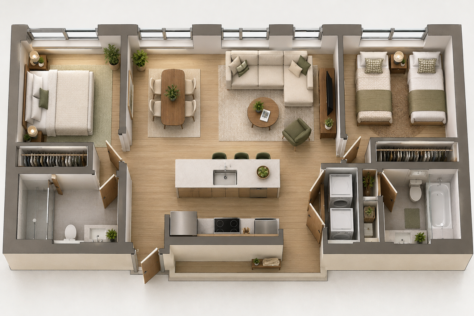 Furnished 2-bedroom conceptual apartment layout with stacked washer and dryer