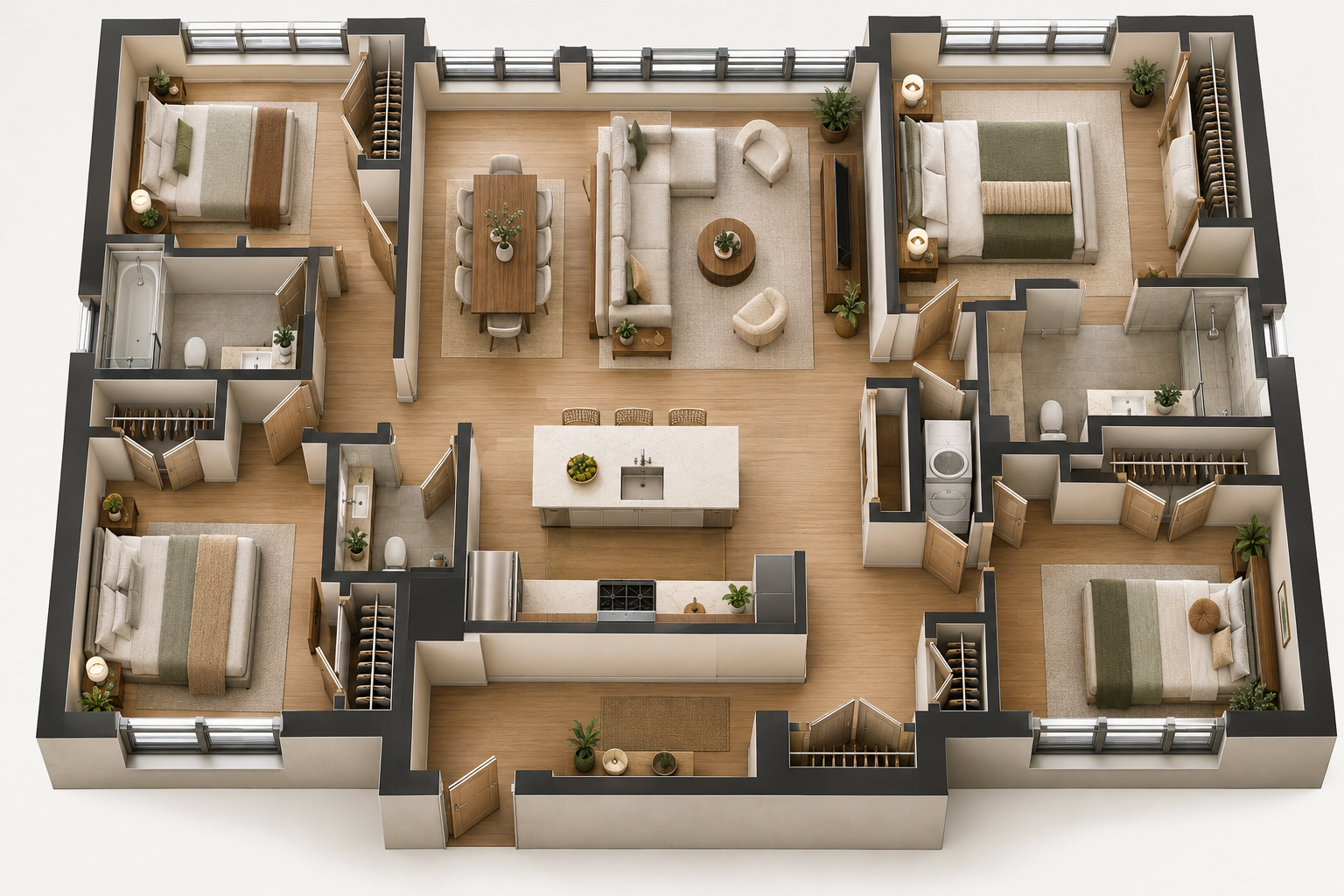 Furnished 4-bedroom conceptual apartment layout with stacked washer and dryer