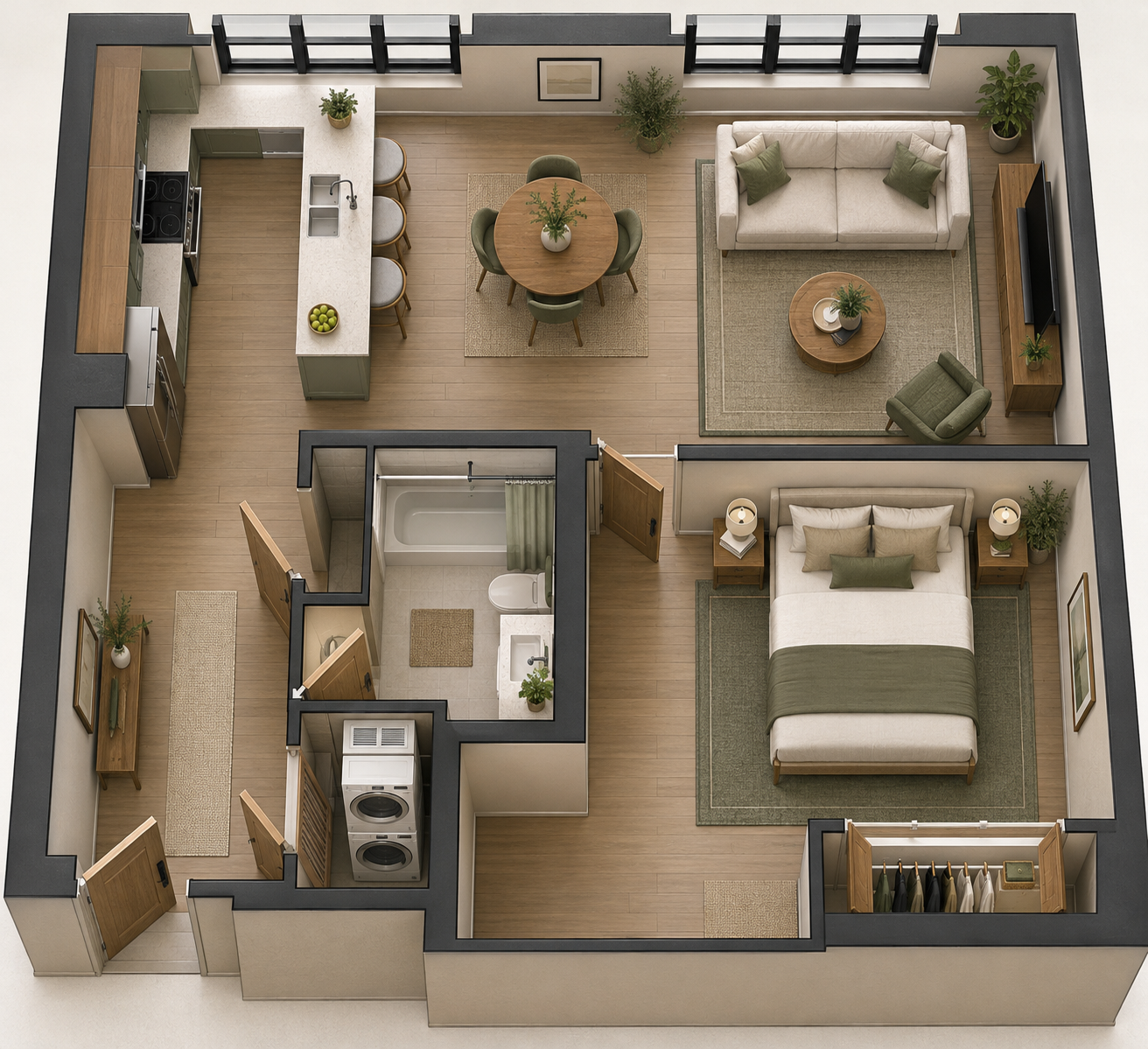 Furnished 1-bedroom conceptual apartment layout with stacked washer and dryer